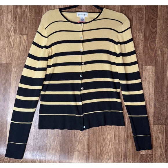 Rena Rowan Silk Blend Striped Cardigan Sweater - Yellow & Black - Picture 1 of 4